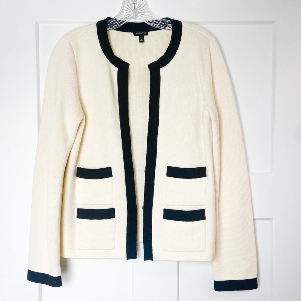 Talbots Cream & Black Cashmere Blend Cardigan Blazer